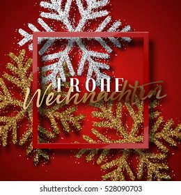 Merry Christmas. German inscription. Frohe Weihnachten. Christmas background red, beautiful bright snowflakes realistic shine glitter. Framed calligraphy handmade. Xmas holiday poster, greeting card.