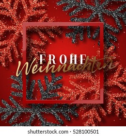 Merry Christmas. German inscription. Frohe Weihnachten. Christmas background red, beautiful bright snowflakes realistic shine glitter. Framed calligraphy handmade. Xmas holiday poster, greeting card.