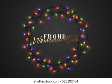 Merry Christmas. German inscription. Frohe Weihnachten. Christmas background black color with realistic garlands. Xmas Holiday and Happy New Year