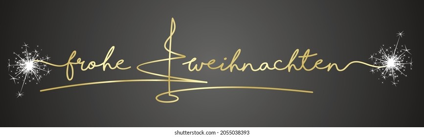 Merry Christmas German language golden handwritten lettering tipography and abstract line design christmas tree sparkle firework white black background