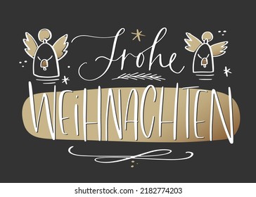 Merry Christmas in German language greeting card or banner vector design. Winter holiday calligraphy with angels and flourishes in gold, black and white colors. 