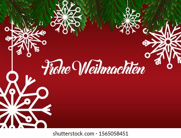 Merry Christmas in German language vector illustration. Beautiful realistic background.