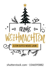 Merry Christmas in german language.Text with Christmas tree vector calligraphic lettering.