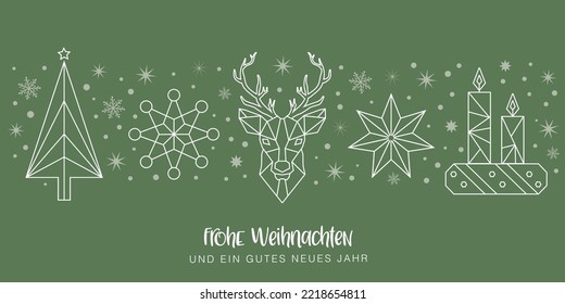 Merry Christmas in german language.Text with Christmas tree, stars, reindeer, candles and other Christmas symbols - vector calligraphic lettering.