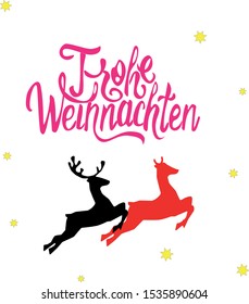 Merry Christmas in German on a black and red deer on a white background surrounded by rare stars. Christmas vector