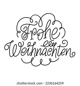 Merry Christmas in german text. Frohe Weihnachten calligraphy handwritten quote. Winter holiday greeting card. Vector typography design.