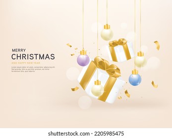 Merry Christmas with christmas gift, ball and gift banner template design with podium for web or social media. 3d render.