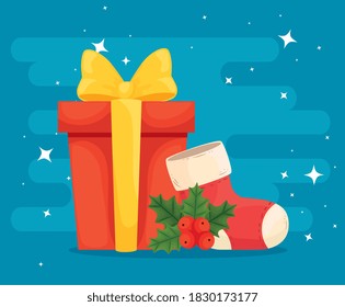 merry christmas gift with boot design, winter season and decoration theme Vector illustration
