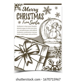 Merry Christmas Gift Box Advertise Banner Vector. Opened Gift Box Decorated Ribbon Bow And Souvenir Snowball With Snowman. Luxury Package Template Hand Drawn In Vintage Style Monochrome Illustration