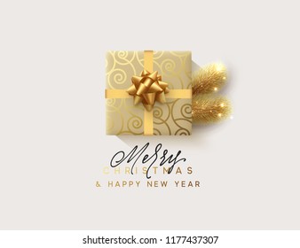 Merry Christmas, gift box closed wrapped ribbon with bow. Xmas greeting card, banner, poster.