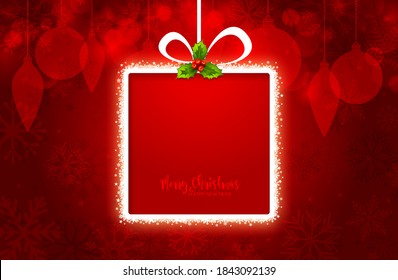 Merry Christmas Gift Box concept with the Holly Berry Mistletoe Hang from Top, on Christmas Ornaments and Snowflakes and Red Gradient Background. Vector illustration.