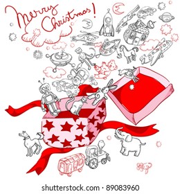 merry christmas gift box with a lot of funny toys for children, doodles on white