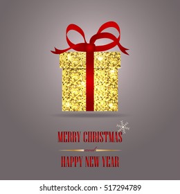 Merry christmas gift box. Golden glittering gift box with red ribbon