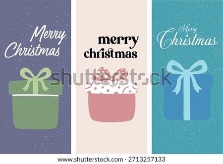 Merry Christmas gift box illustrations three panel design with snowy backgrounds festive greeting card vertical banner design ideas