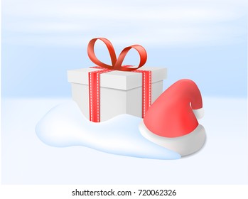 Merry Christmas with gift box and new year hat. Vector illustration.