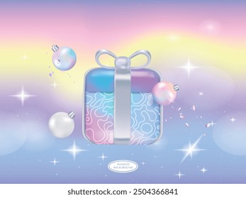 Merry christmas gift box rendering with gradient pastel fancy ball cover background. illustration vector premium.