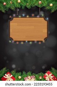 Merry christmas gift box and wooden background with space for text. Happy holiday greeting banner and card template.