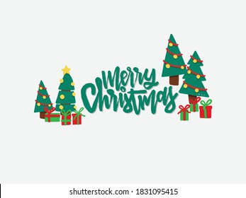 Merry Christmas and gift box and xmas tree for Postcard or Poster or Flyer template with retro pickup truck with christmas tree. Vintage styled vector illustration.