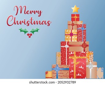Merry Christmas with gift boxes arranged in the shape of a Christmas tree. Christmas gift pile. Vector illustration on layers for easy edition