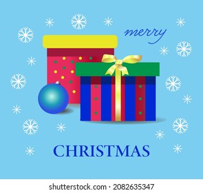 Merry Christmas. Gift boxes and a Christmas ball on a blue background with snowflakes. Lettering. Congratulations, poster, cover, invitation.