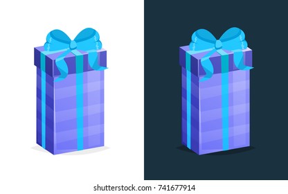 Merry Christmas gift. Gift boxes with bows and ribbons. Birthday, Valentine`s day. Festive gift in a rectangular box with a colored pattern and ribbon. Illustration on light and dark background.