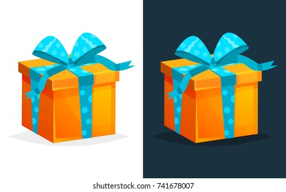 Merry Christmas gift. Gift boxes with bows and ribbons. Birthday, Valentine`s day. Festive gift in rectangular box with colored pattern and ribbon. Illustration on light and dark background.