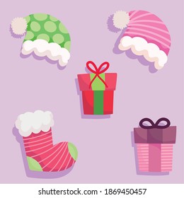 navidad navidad, cajas de regalo iconos de sombrero y calcetín diseño ilustración vectorial