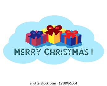 Merry Christmas gift boxes on blue background. Hand drawn lettering. Bright inscription. Vector Illustration. Xmas card