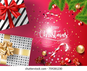 Merry Christmas Gift Boxes with Red and Gold Ribbon and christmas Balls, Candy, Pine Branches and Red Berries on Red background. Vector.