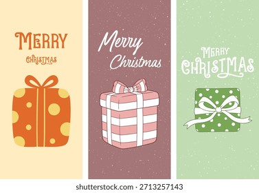 Cajas de regalo de feliz Navidad en colores vintage con lunares y patrones a rayas diseño festivo de Anuncio de Vertical navideña