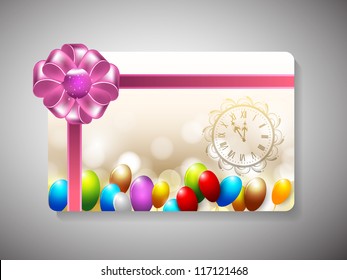 Merry Christmas gift card with balloons and clock. EPS 10.