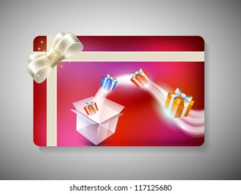 Merry Christmas gift card with gift boxes and ribbon. EPS 10.