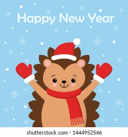 Merry Christmas gift card with cute hedgehog wearing with red scarf and Santa hat. Vector illustration.