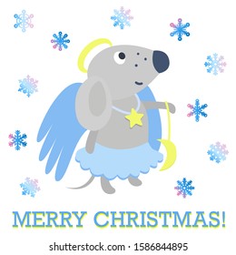 Merry Christmas gift card with Cute grey rat. Funny rat in Merry Christmas greeting card. Cute little mice, mouse. Rat, symbol, sign of Chinese calendar, zodiac. Character, mascot, vector illustration