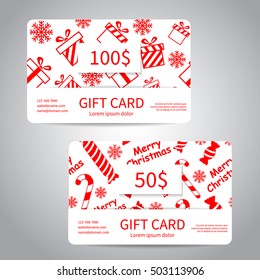 Merry Christmas gift card or discount card set with red gift boxes, snowflakes, candies on white background. Vector design EPS10