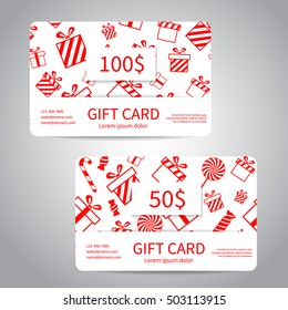 Merry Christmas gift card or discount card set with red gift boxes, candies, lollipops on white background. Vector design EPS10