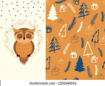 Merry Christmas gift card with lettering and owl in decorated frame with snow. Seamless pattern with trees, presents and branches for background. Vector illustration.