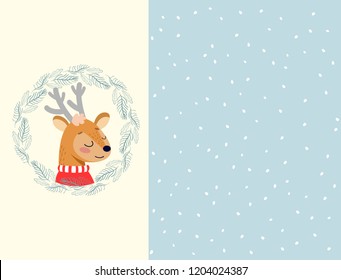 Merry Christmas gift card with lettering and deer wearing with red sweater in decorated frame with snow for background. Vector illustration.