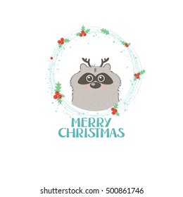 Merry Christmas gift card with lettering and a small raccoon wearing little Christmas reindeer antlers in a decorated frame. Vector illustration.