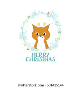 Merry Christmas gift card with lettering and a small fox wearing star tipped spring antlers, in a frame decorated with Christmas lights. Vector illustration.