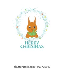 Merry Christmas gift card with lettering and a small squirrel holding a bunch of fir branches, in a frame decorated with Christmas lights. Vector illustration.