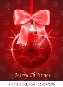 Merry Christmas gift card with red glossy Christmas ball tied with bow and hanging on red background. Vector illustration