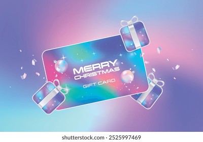 Tarjeta de regalo de feliz Navidad con gradiente pastel y Tarjeta de regalo. Decoración de caja de regalo de año Nuevo. ilustración Vector premium.