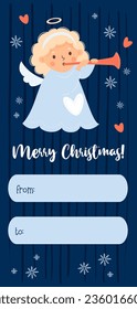 Merry Christmas gift card tag. Little cartoon angel girl with trumpet. Xmas vertical postcard. Vector illustration. Cute new year kids collection.