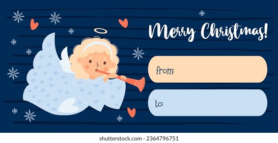 Merry Christmas gift card tag. Little cartoon angel girl with trumpet. Xmas horizontal postcard. Vector illustration. Cute new year kids collection