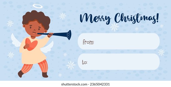 Merry Christmas gift card tag. Little cartoon angel ethnic black boy with trumpet. Xmas horizontal postcard. Vector illustration. Cute new year kids collection