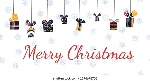 Merry Christmas gift card template with cute nordic gift box. Holiday positive print postcard.