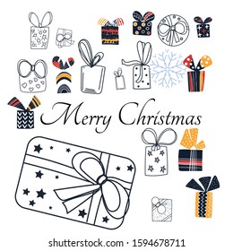 Merry Christmas gift card template with cute nordic gift box. Holiday positive print postcard.
