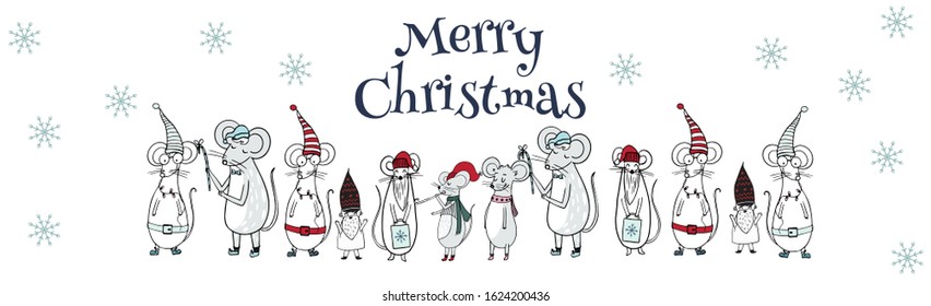Merry Christmas gift card template with cute cartoon mouses. Holiday positive print postcard.