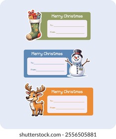 Merry Christmas Gift Labels Featuring Snowman, Stocking with Gifts, and Reindeer, printable stickers, collection of tags